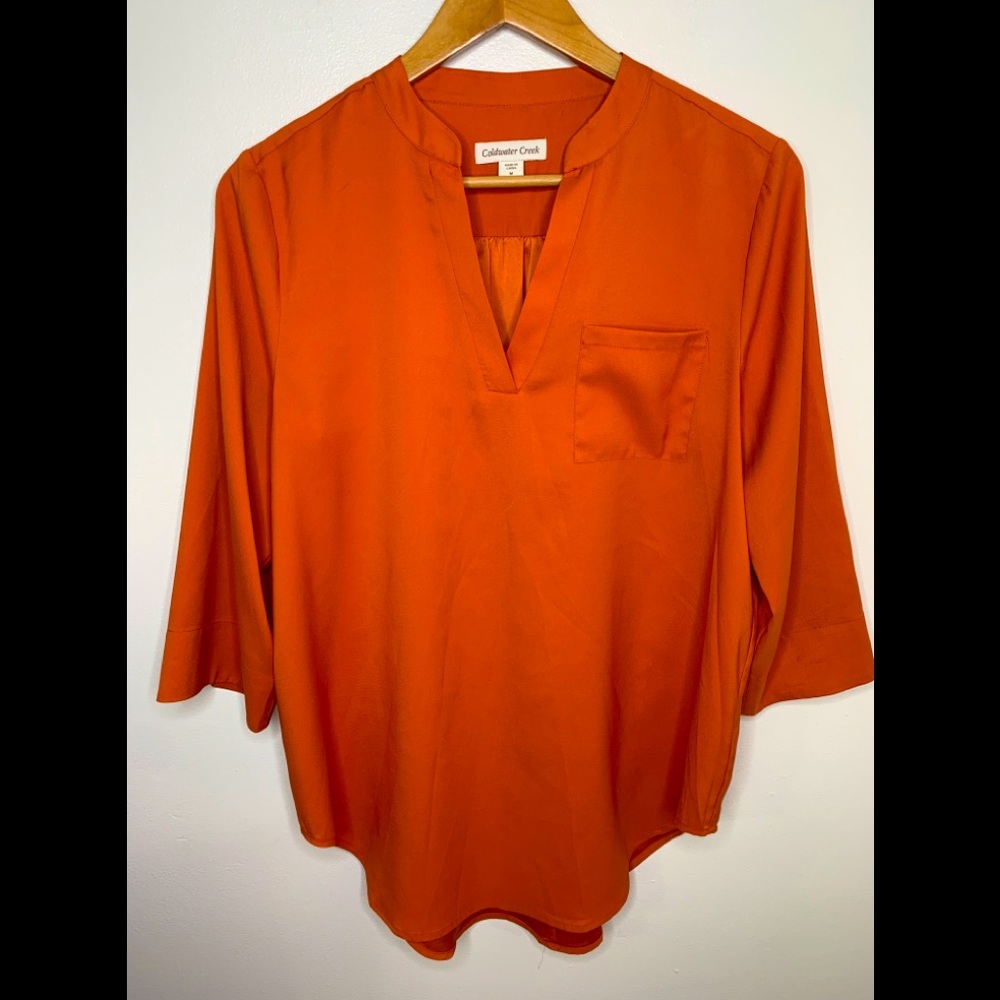- Coldwater Creek Size Medium Blouse 3/4 Sleeve  V Neck Warm Orange Fall Satin